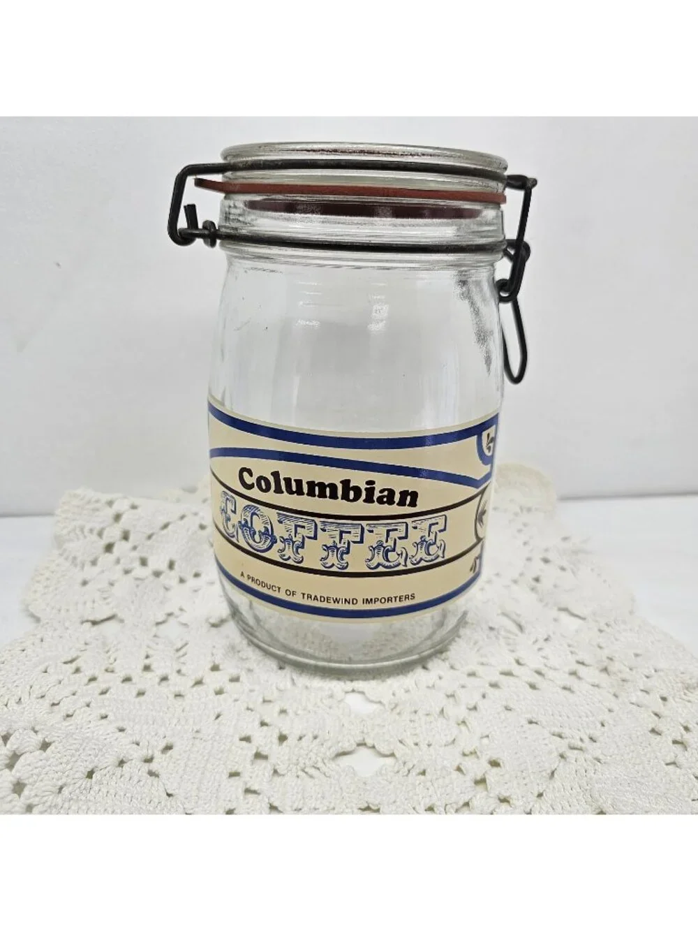 Vintage Tradewind Importers Columbian Coffee Glass Canister Jar Wire Bail 1L
